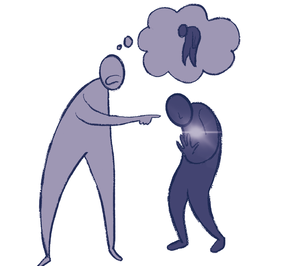 Source illustration from DH 3 showing two people shaped by demeaning beliefs placed on them by others.