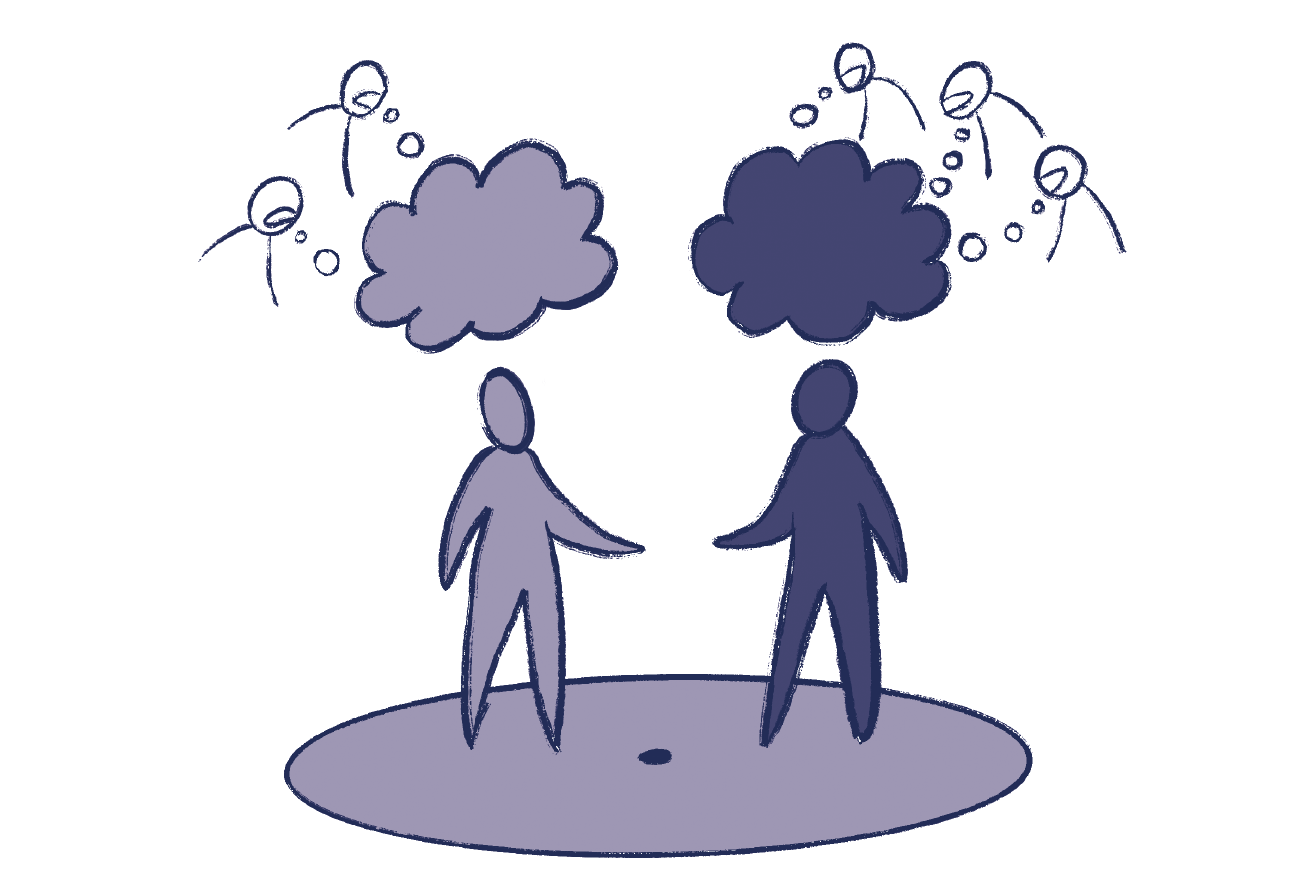 Source illustration from DH 3 showing two people with separate thought clouds representing sacred beliefs or red lines.