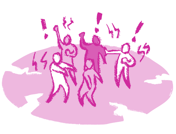 A source illustration of people crowding and interfering with one another.